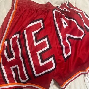 Mitchell & Ness Red Athletic Mesh Shorts with White & Black Lettering MIAMI HEAT